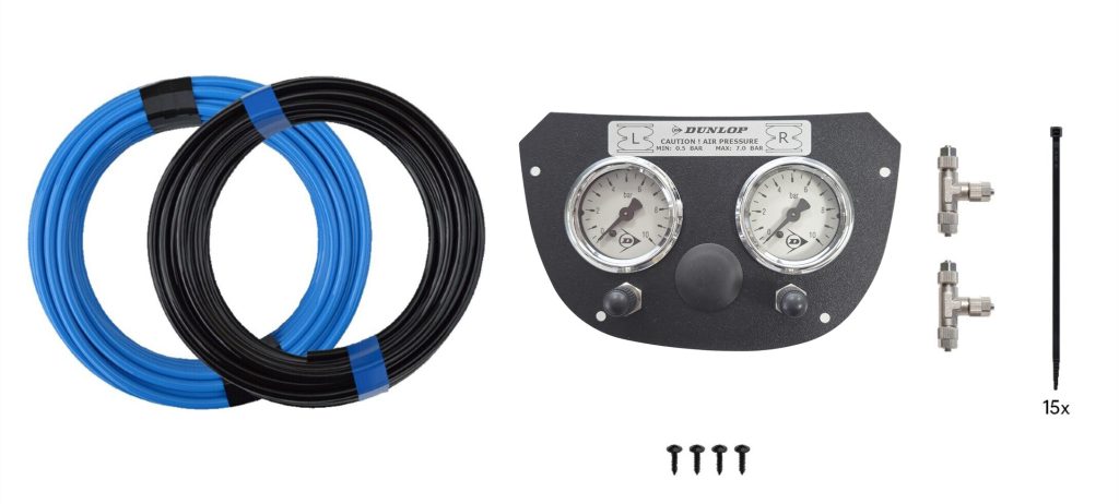 renfort suspension DUNLOP FORD TRANSIT 2023 avec frein à main électrique il faut un nouveau panneau de commande disponible depuis février 2026 - POUR UTILISATION SANS COMPRESSEUR DUNLOP Option 1 AIR assist essort air bellow AMI RESEAU deux valves de gonflage deux manomètres réglage à faire manuellement avec une source d'air extérieure : compresseur portable - pompe à vélo - ou compresseur pour les pneus